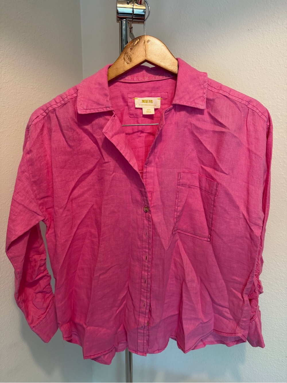 Anthropologie Bright Pink Casual Linen Button-Down Shirt